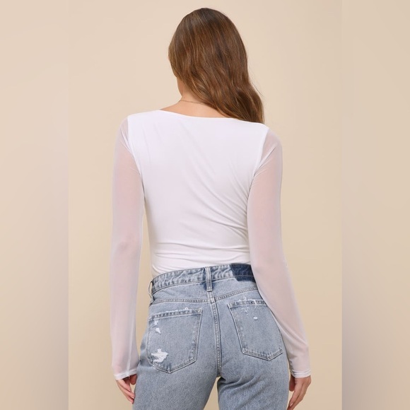 Lulus Sheer Confidence White Mesh Ruched Long Sleeve Bodysuit - Picture 2 of 8